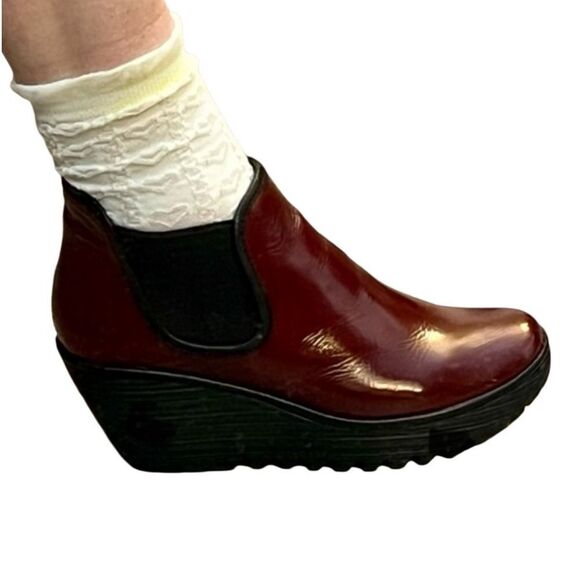 Fly London Burgundy wedge platform Yat Chelsea Bootie boots 38 8 Portugal NEW - Picture 6 of 16